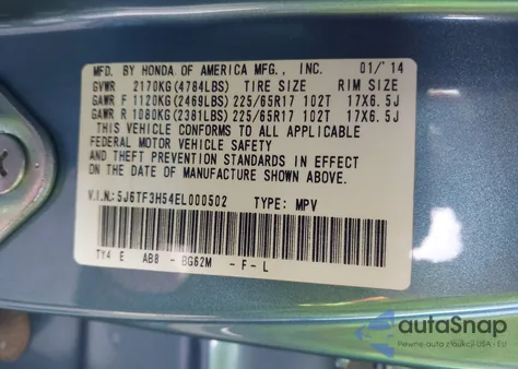 2014 Honda Crosstour Ex-L from USA, damaged, VIN 5J6TF3H54EL000502